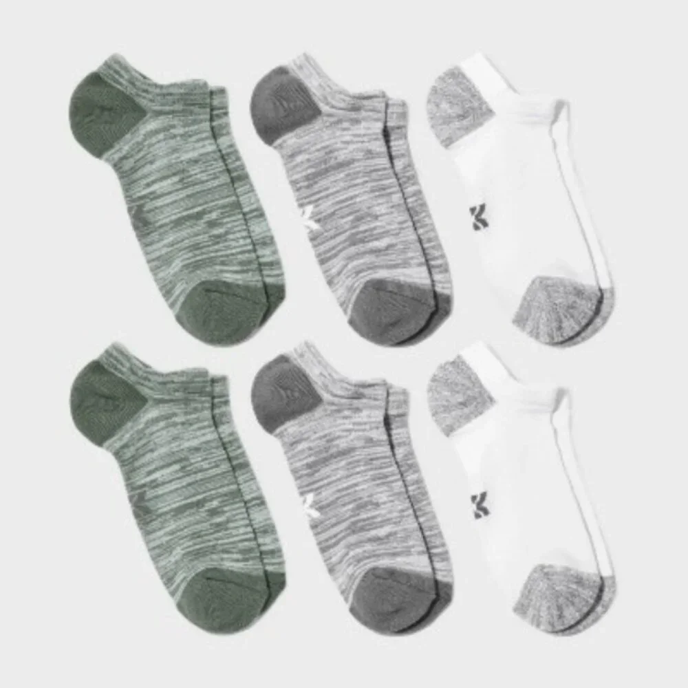 Kids' All In Motion No Show Socks 6-Pack | Size L (3-7) | Green Gray White
